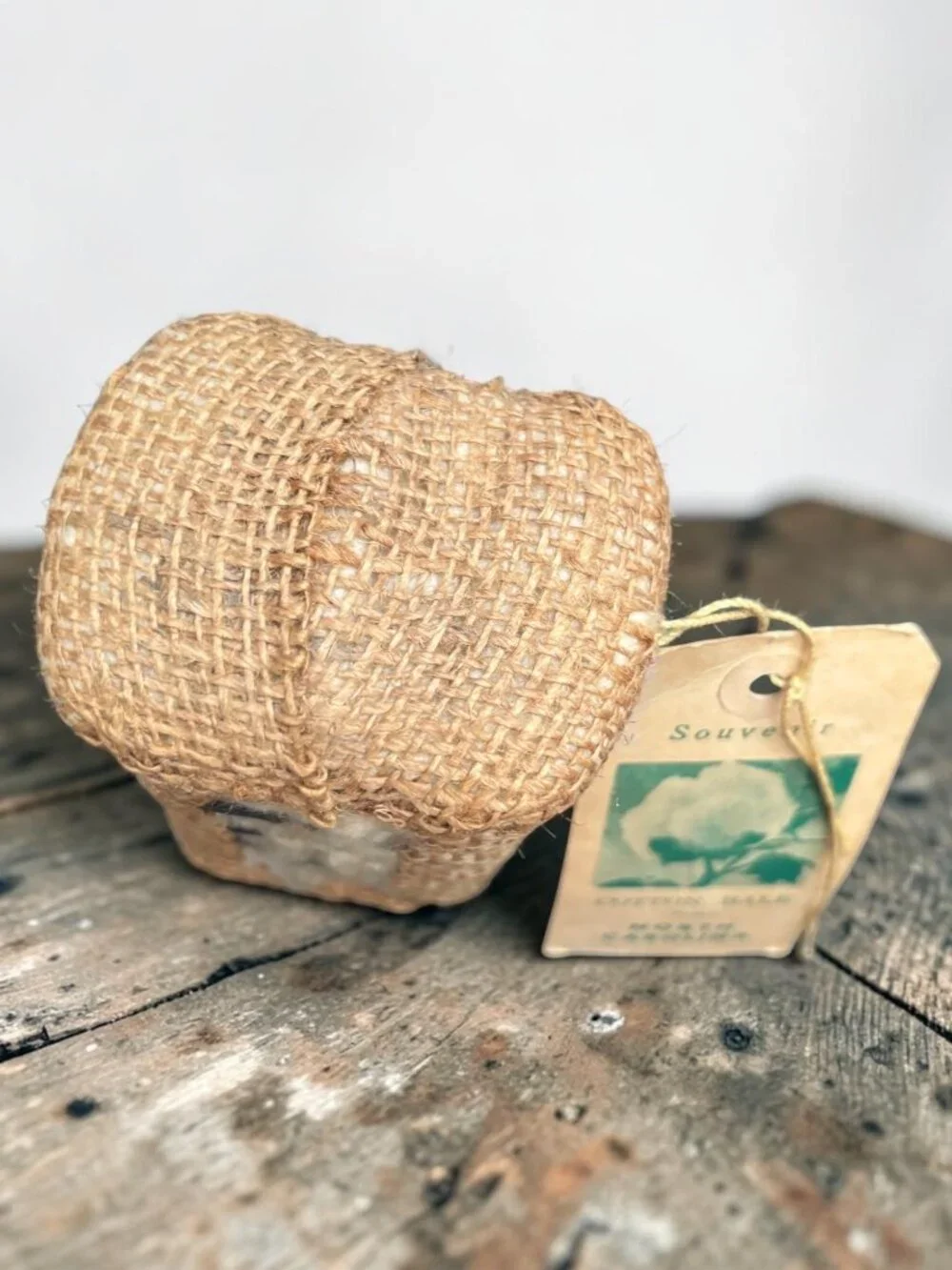 Miniature Cotton Bale Souvenir From North Carolina Burlap Wrapped With Tag